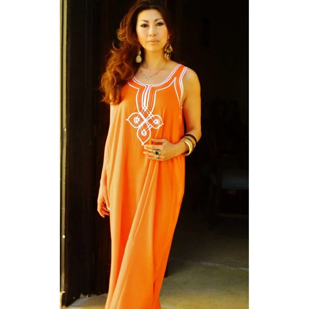 Resort Non-Sleeve Orange Kaftan Agadir Style