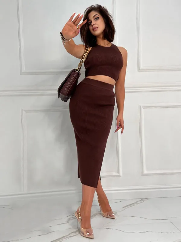 Ribbed Cutout 2-Piece Bodycon with Crop Tank Top and Slit Midi Dress