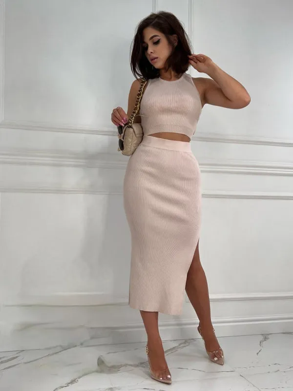 Ribbed Cutout 2-Piece Bodycon with Crop Tank Top and Slit Midi Dress