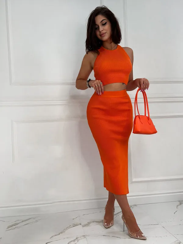 Ribbed Cutout 2-Piece Bodycon with Crop Tank Top and Slit Midi Dress