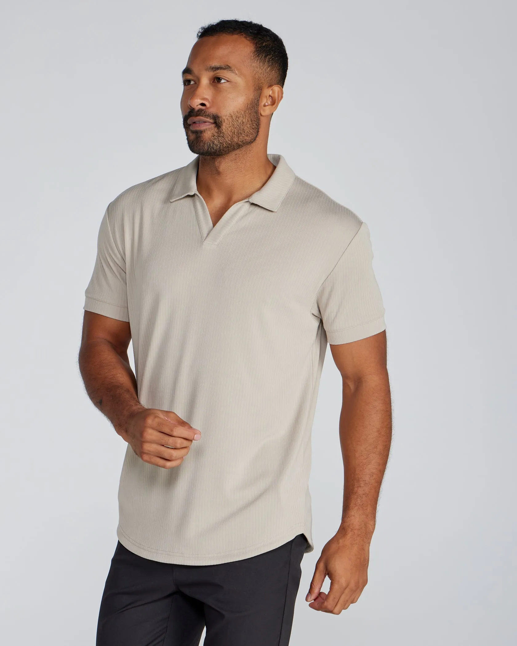 Ribbed Short Sleeve Open V Polo