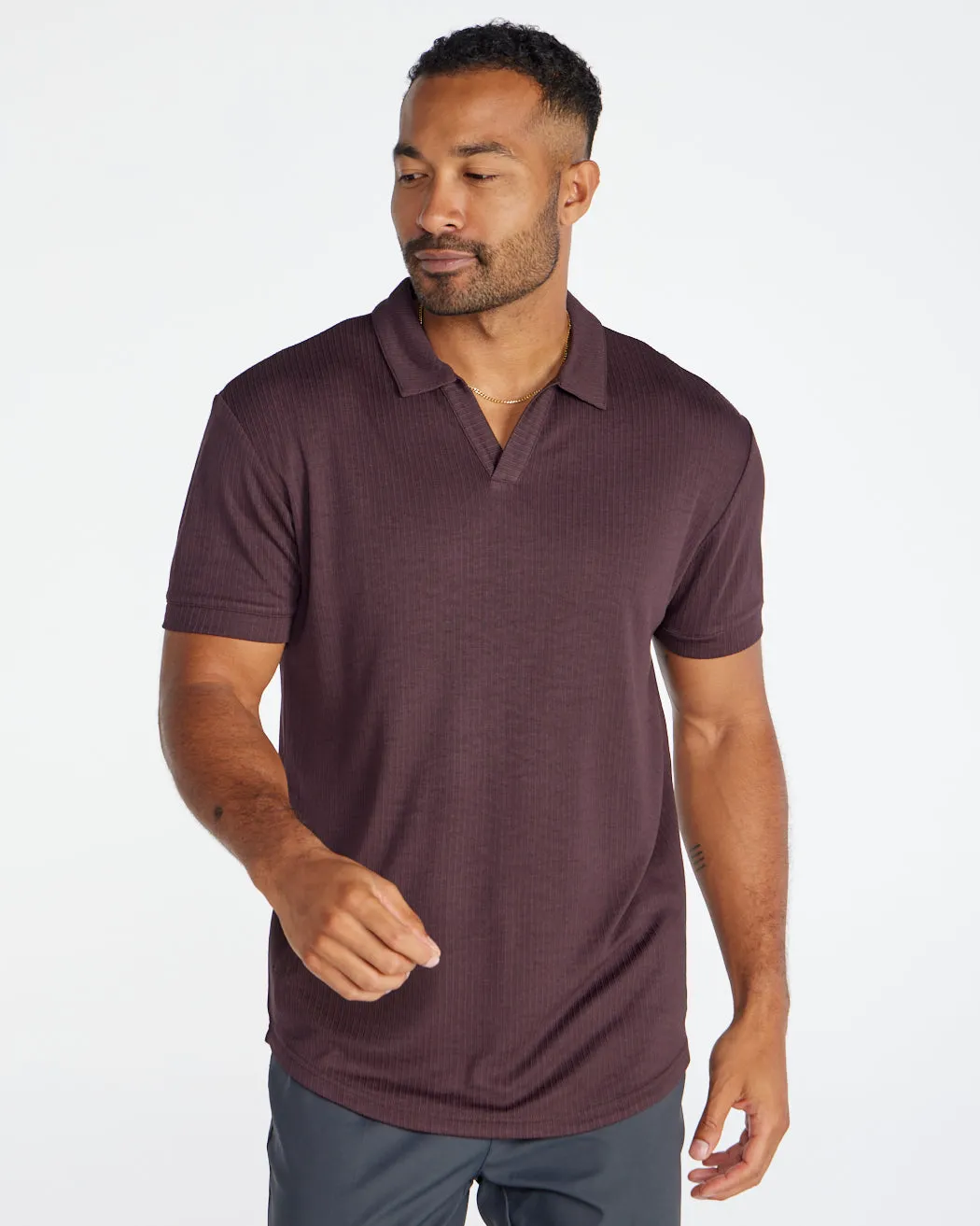 Ribbed Short Sleeve Open V Polo