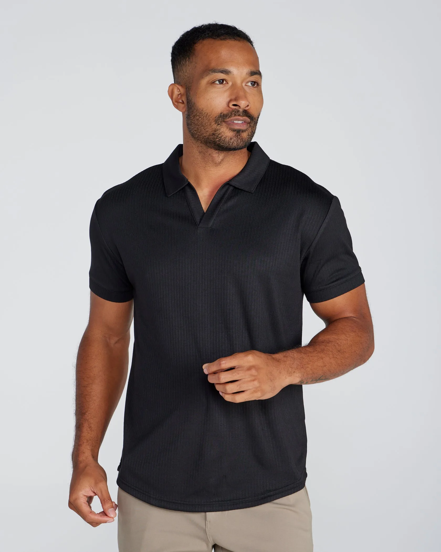 Ribbed Short Sleeve Open V Polo