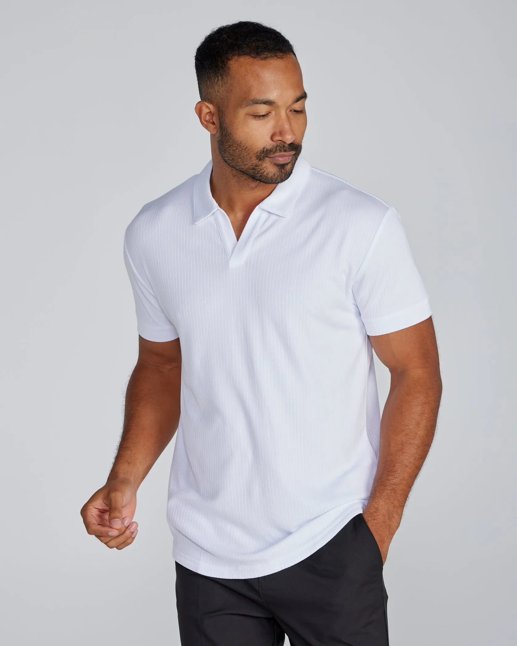 Ribbed Short Sleeve Open V Polo