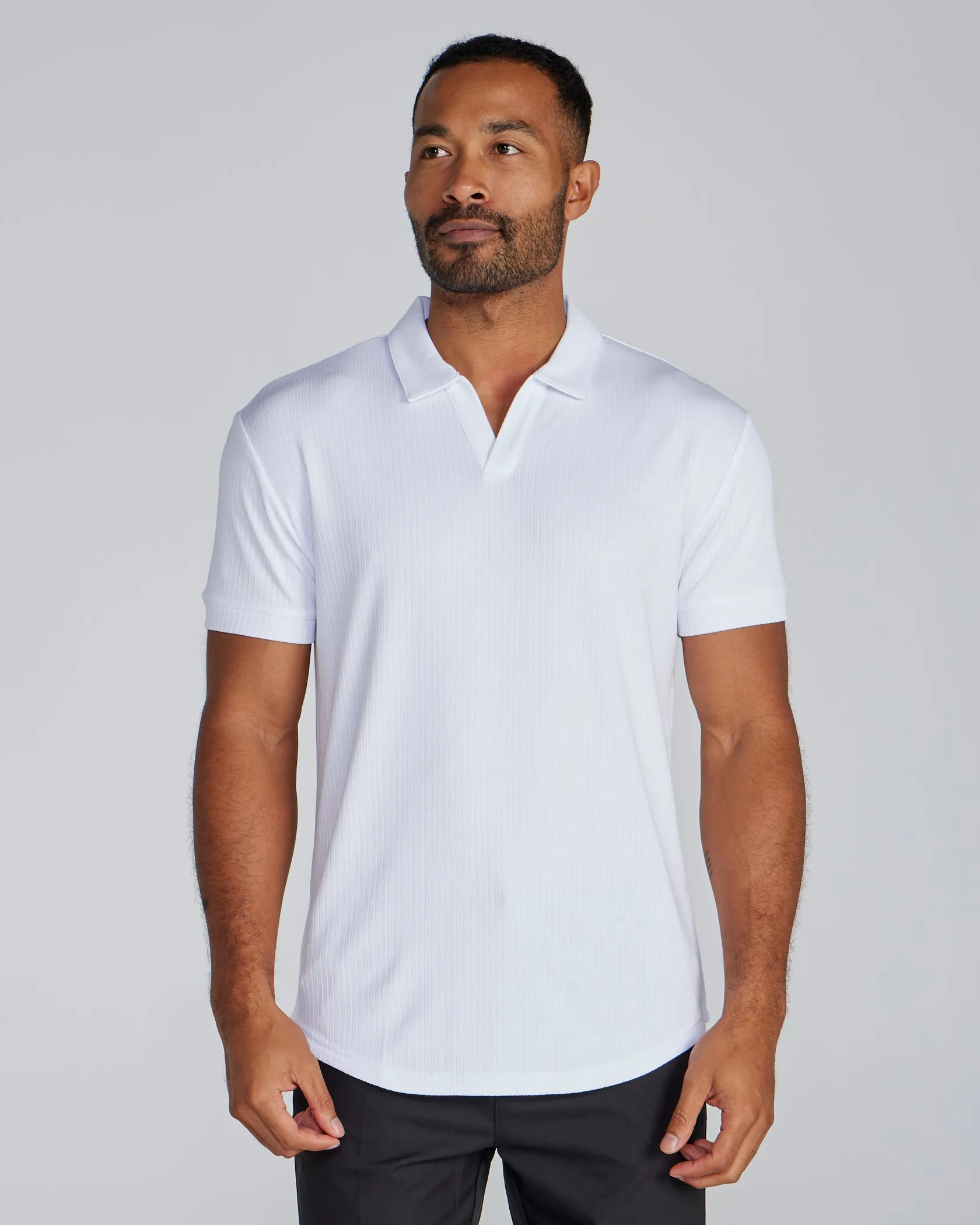 Ribbed Short Sleeve Open V Polo