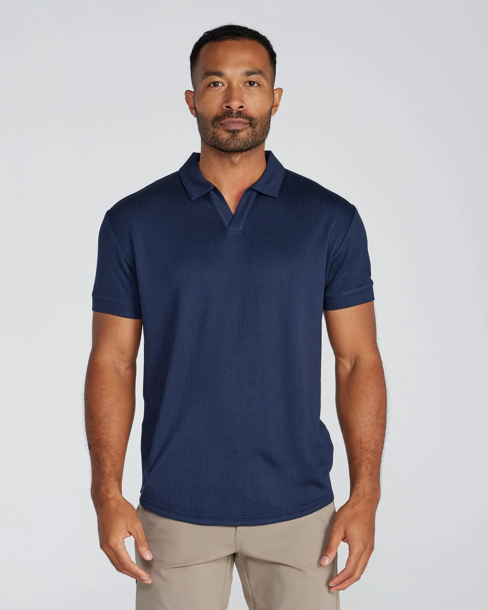 Ribbed Short Sleeve Open V Polo