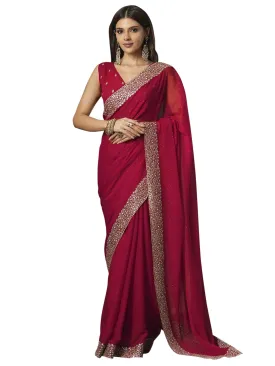 SAREE MALL Women's Pink Chiffon Embroidered Saree With Unstitched Blouse (JAYSHREE4001_JS)