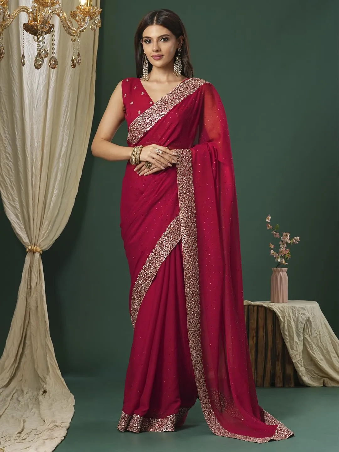 SAREE MALL Women's Pink Chiffon Embroidered Saree With Unstitched Blouse (JAYSHREE4001_JS)