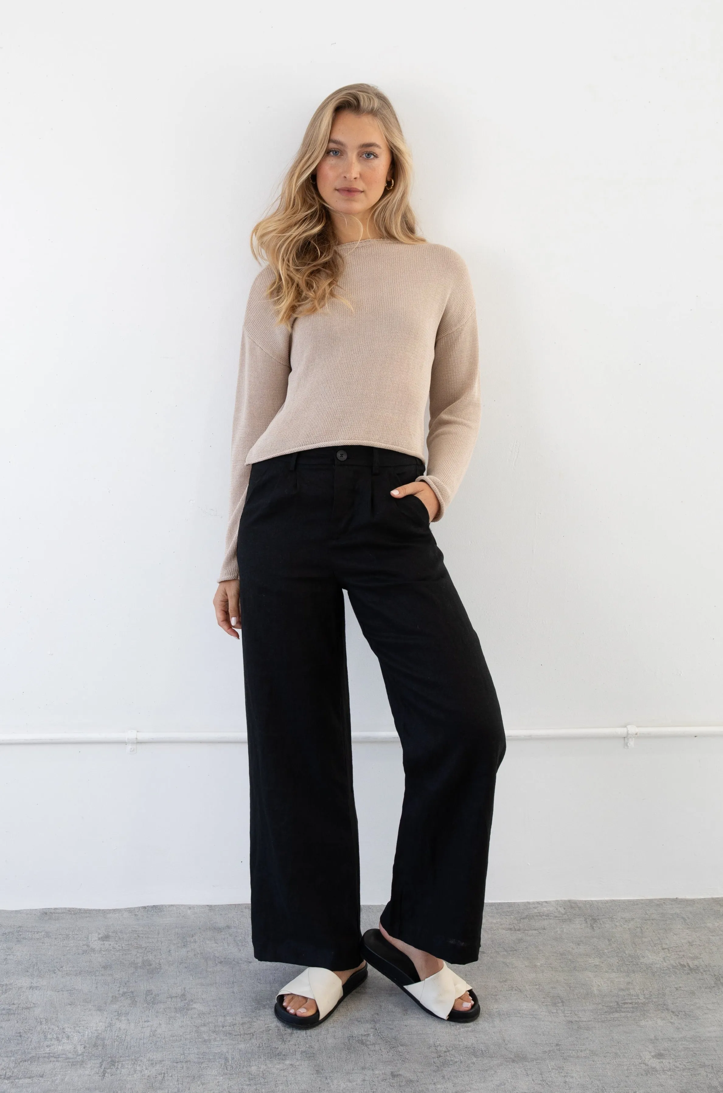 SAWYER WIDE LEG LINEN PANT - BLACK