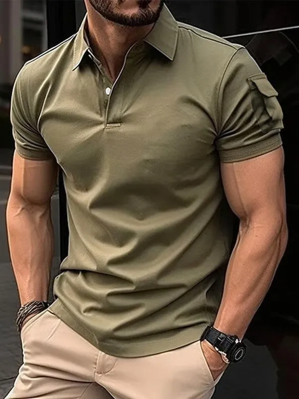 Solid Color Lapel Pocket Pullover Casual Polo Shirt