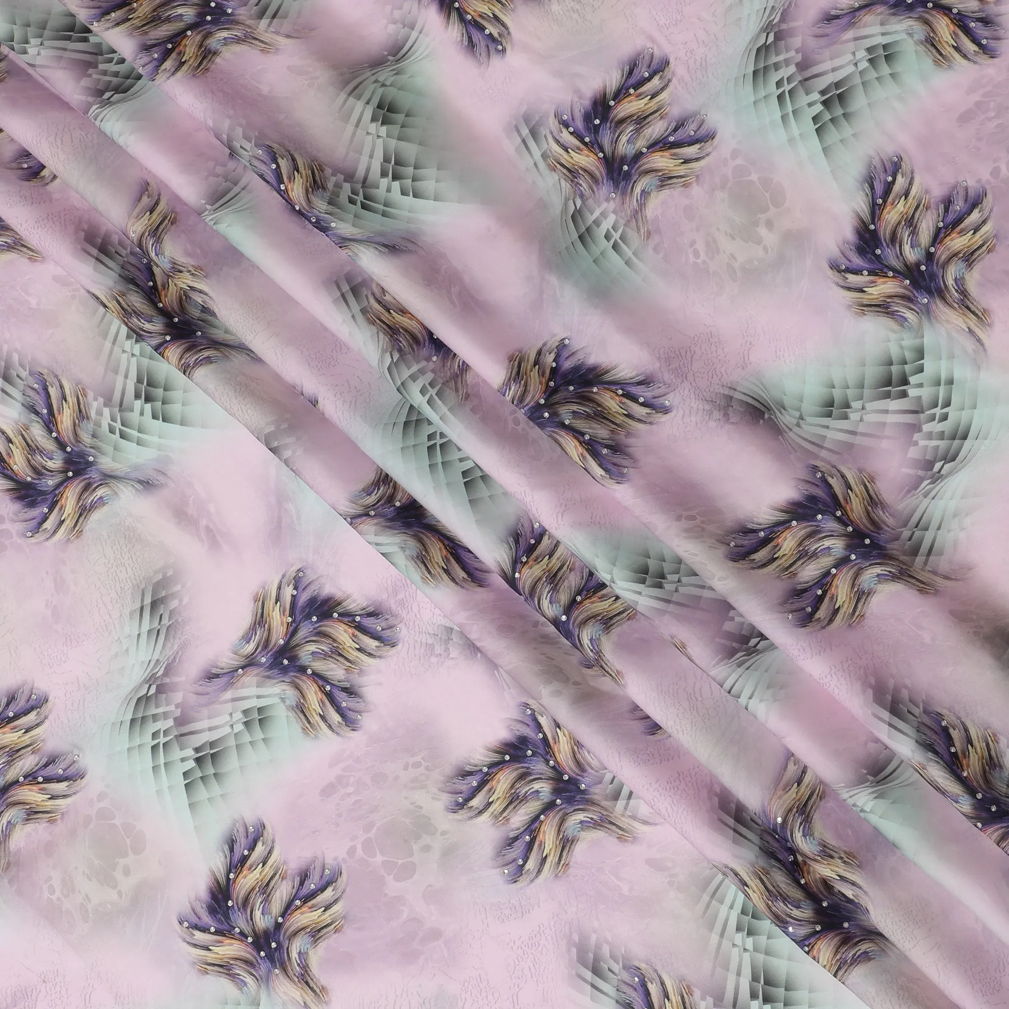 Stunning Lilac Synthetic Modal Satin Fabric with Abstract Design and Stone Work, 110 cm Width-20045