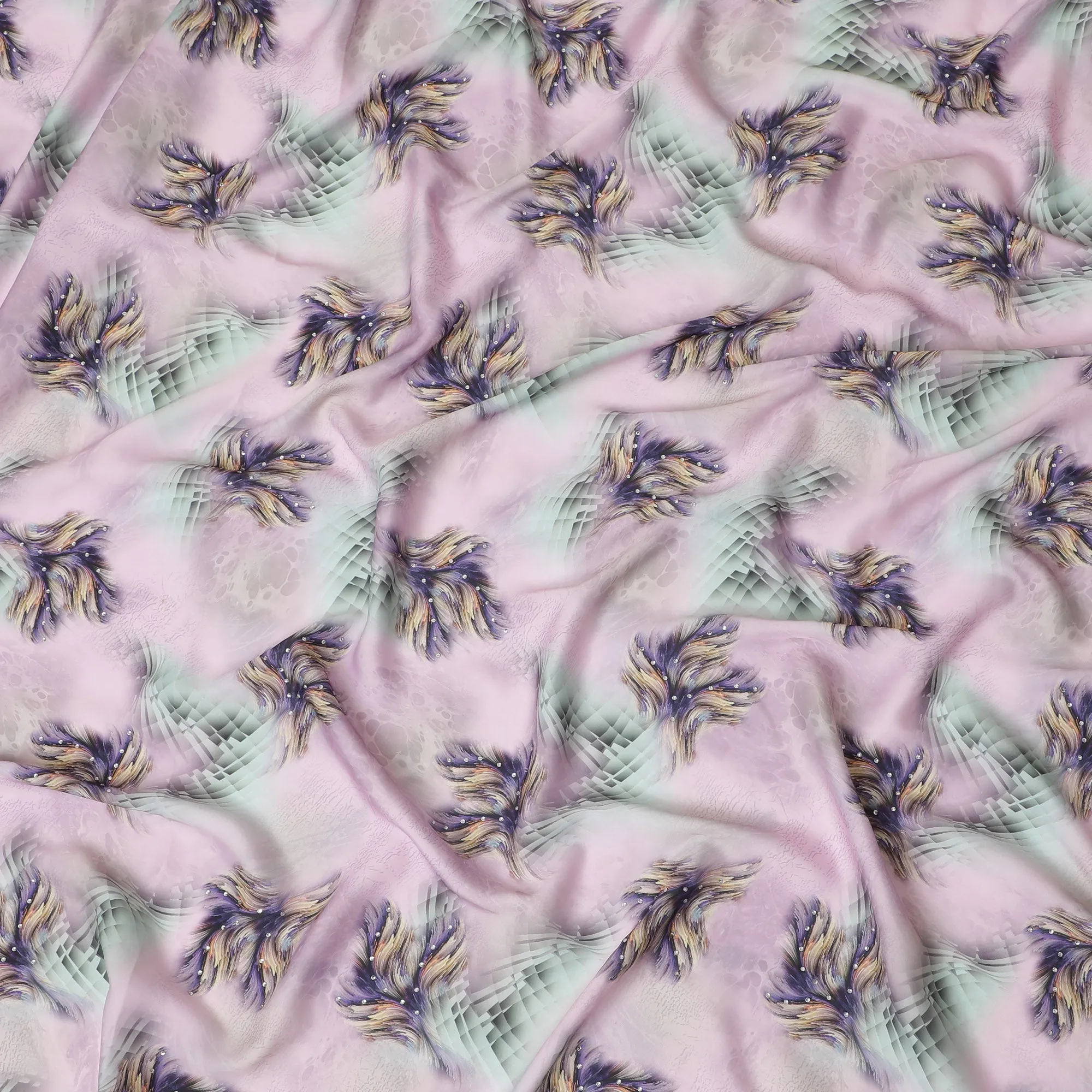 Stunning Lilac Synthetic Modal Satin Fabric with Abstract Design and Stone Work, 110 cm Width-20045