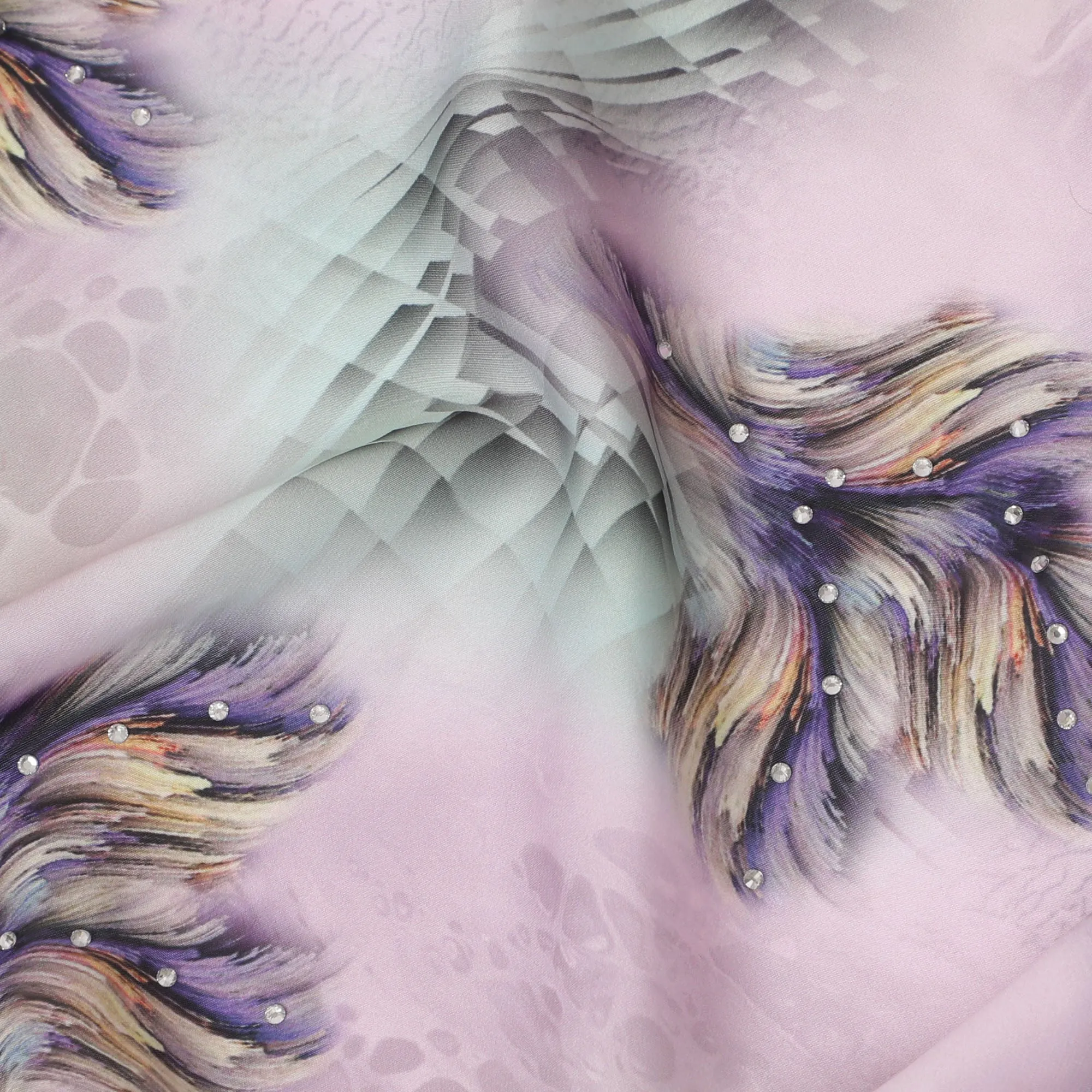 Stunning Lilac Synthetic Modal Satin Fabric with Abstract Design and Stone Work, 110 cm Width-20045