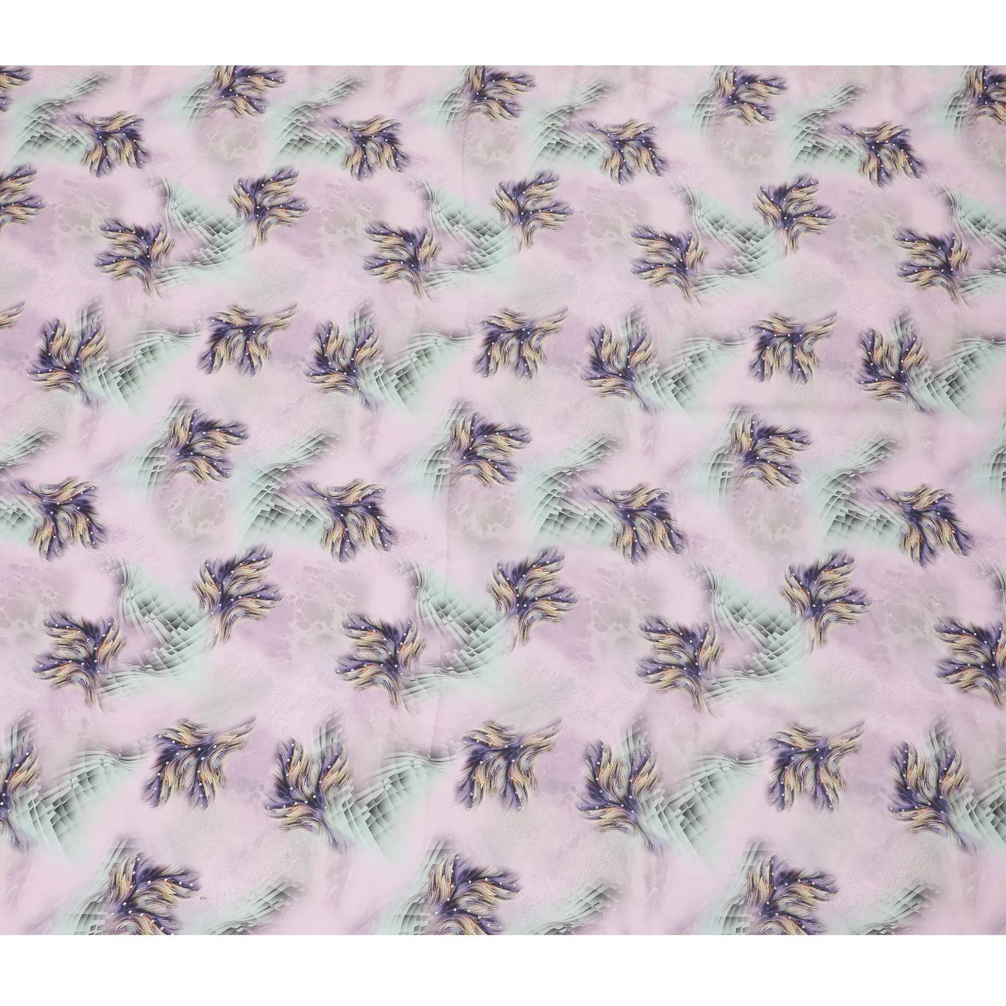 Stunning Lilac Synthetic Modal Satin Fabric with Abstract Design and Stone Work, 110 cm Width-20045