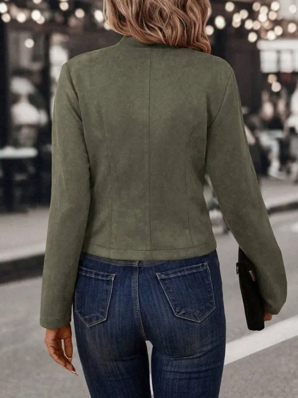 Trendy Cropped Faux Suede Jacket with Button Detail