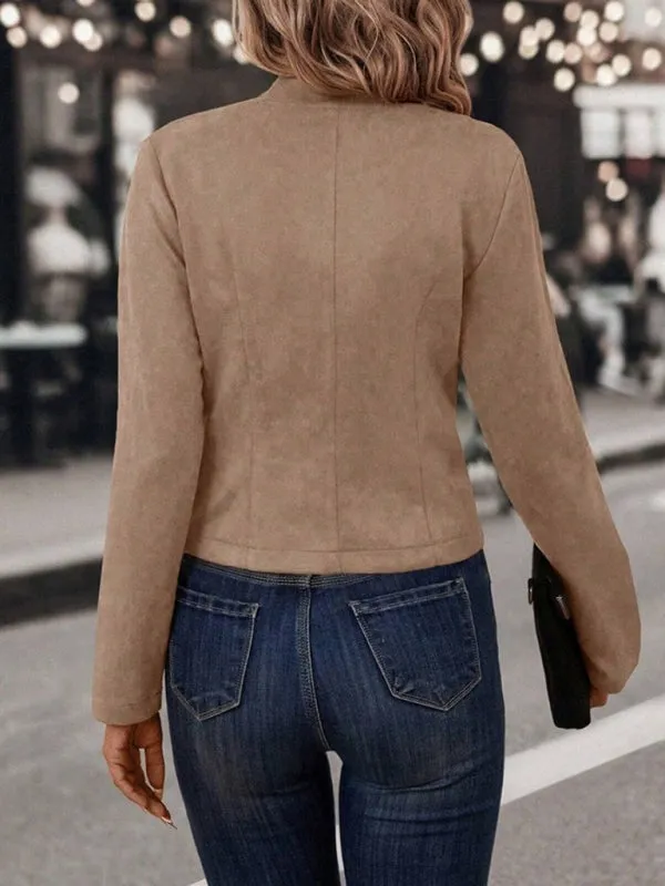 Trendy Cropped Faux Suede Jacket with Button Detail