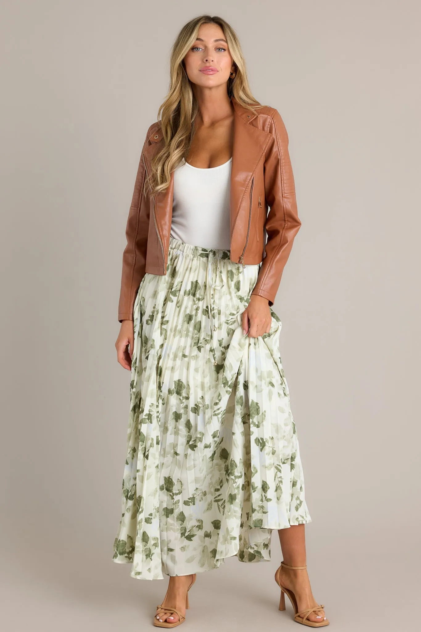 Verdant Garden Green Floral Pleated Maxi Skirt