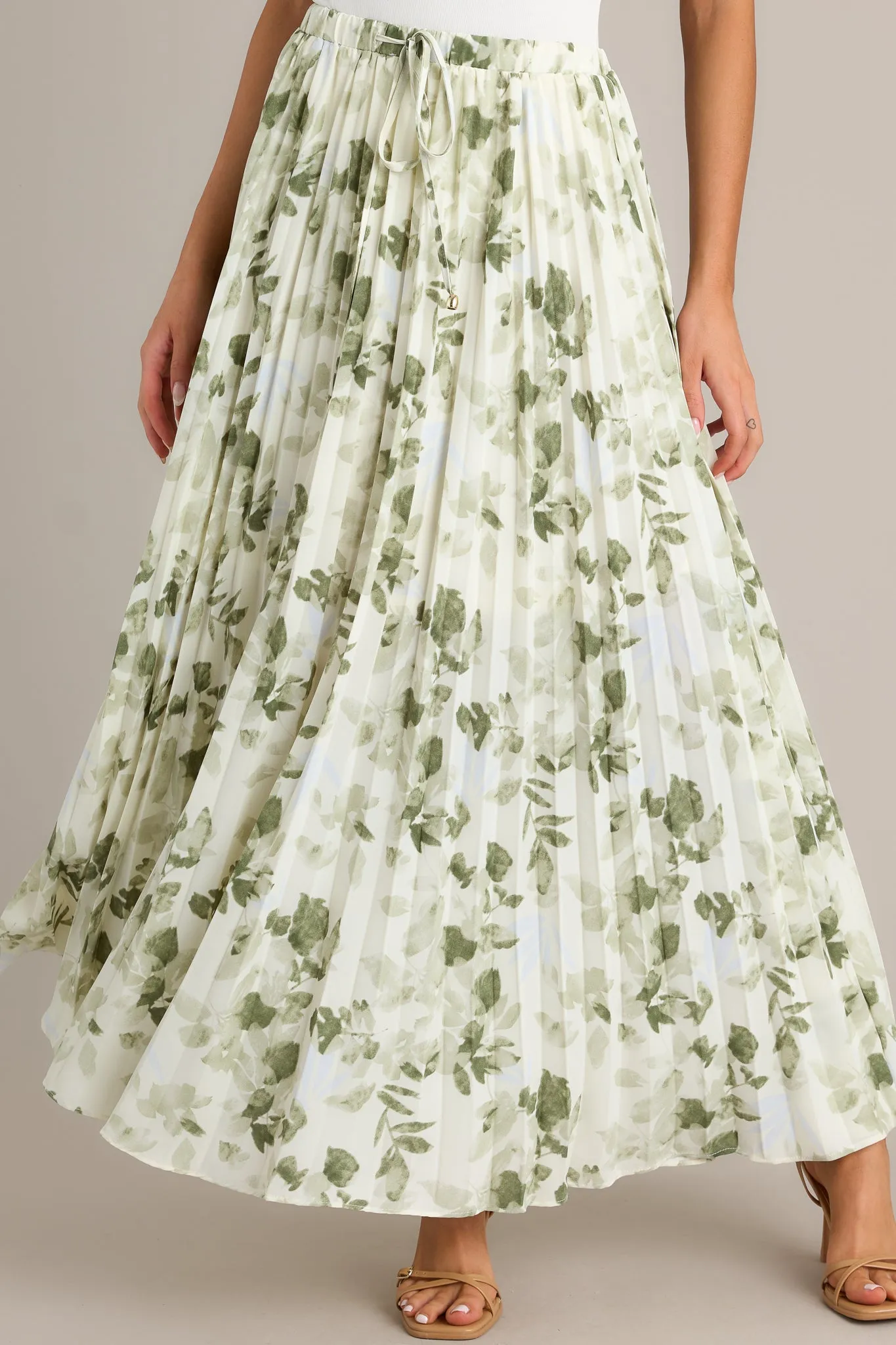 Verdant Garden Green Floral Pleated Maxi Skirt