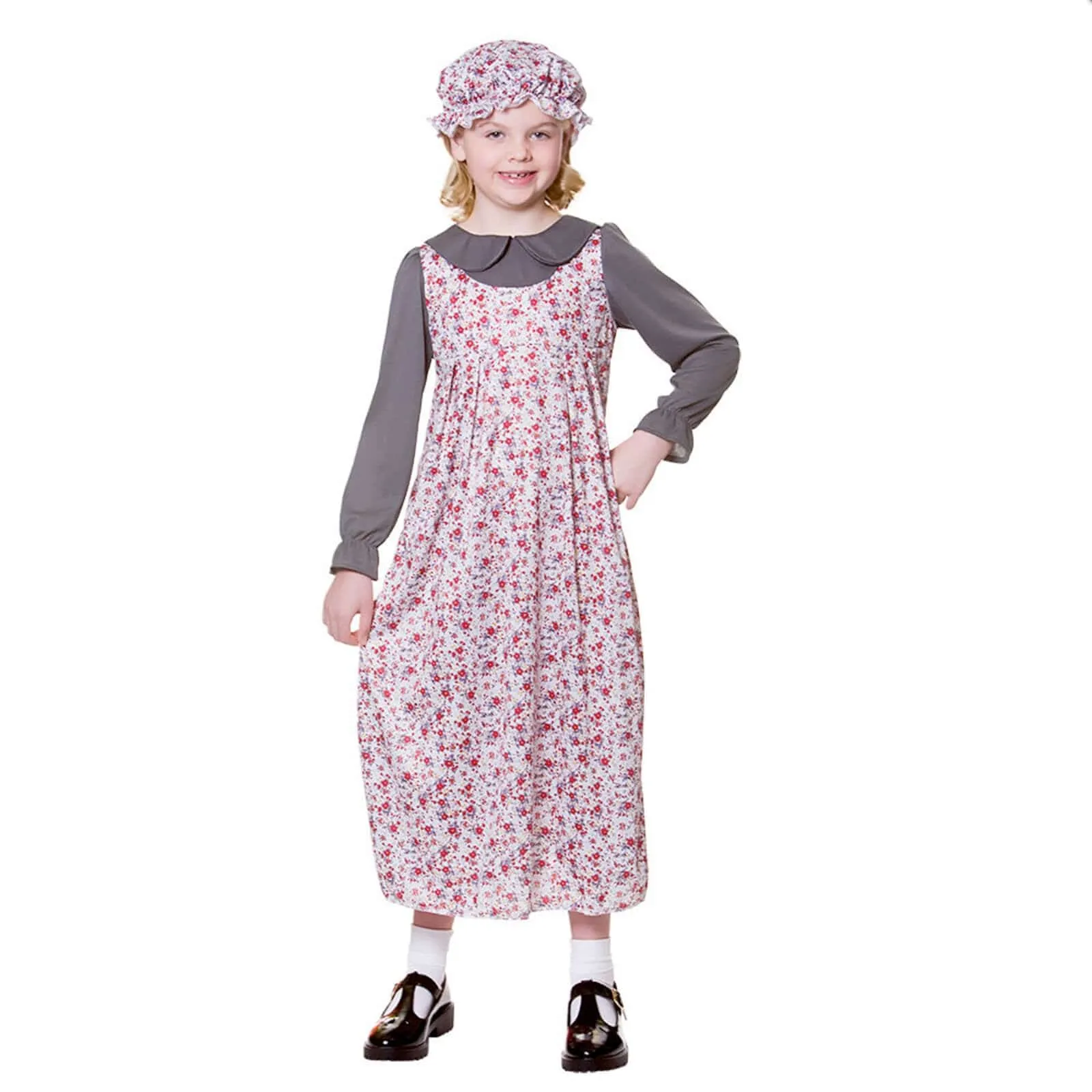 Victorian Girl Costume Floral Print Dress Mop Hat Historical