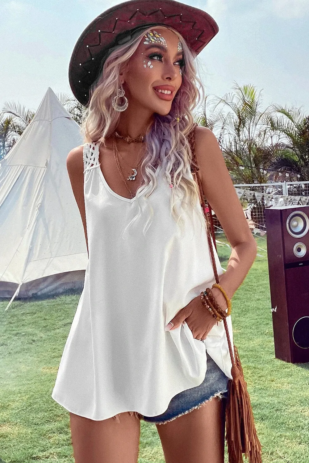 White Bohemian Crochet Patchwork Sleeveless Tunic