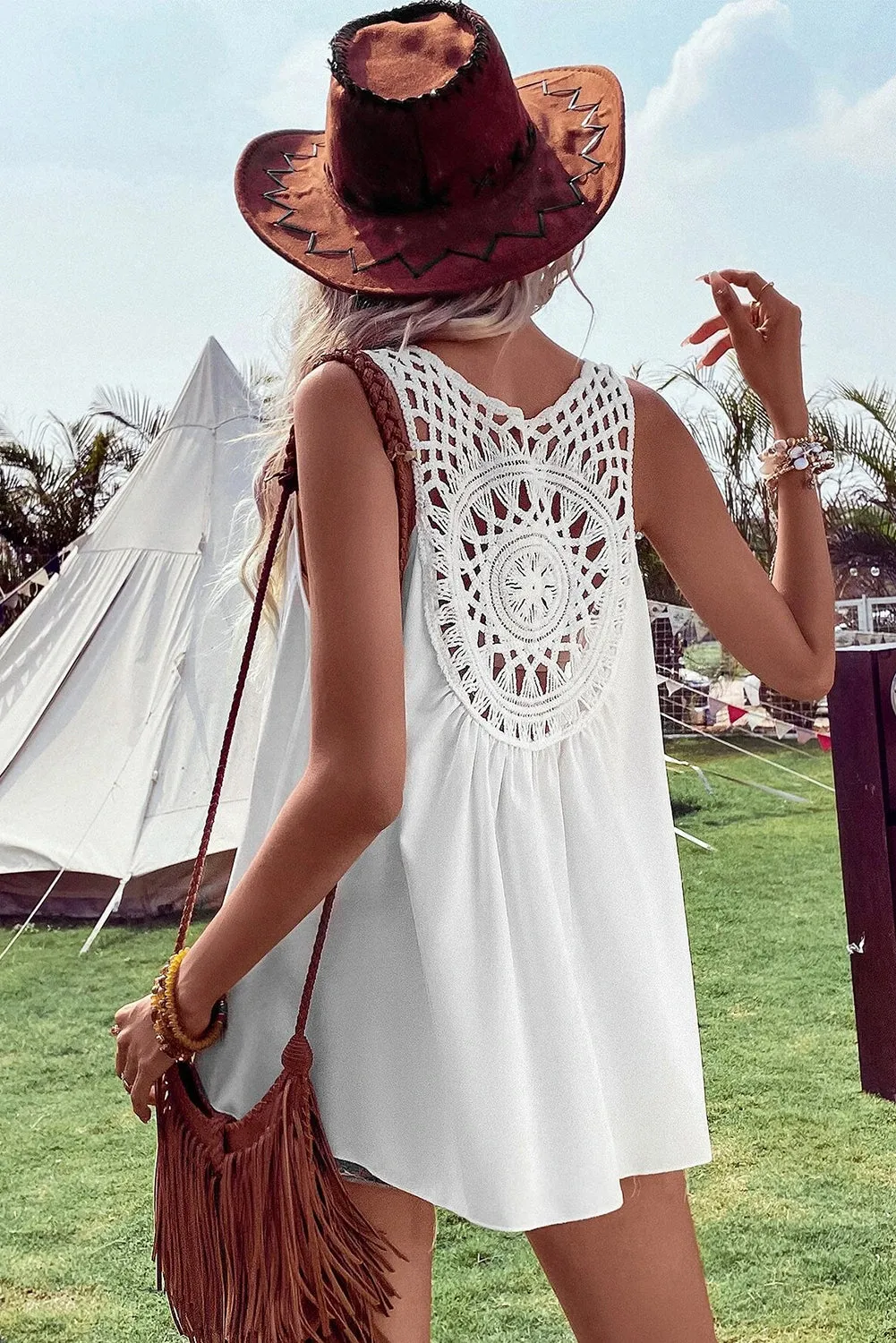 White Bohemian Crochet Patchwork Sleeveless Tunic