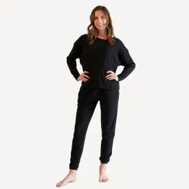 womens long sleeve relaxed jogger set | black licorice | organic cotton thermal